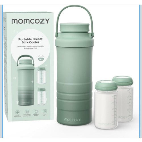 Momcozy 22oz Portable Breast Milk Cooler for Outdoor, Life Saver with 360° Total Cooling for 24 Hours, Larger Capacity Travel Breastmilk Chiller with 2pcs Baby Bottles for Breastmilk Storage, Green