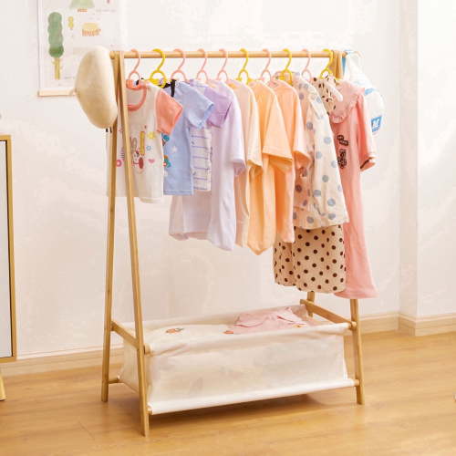 Enogets Kids Clothing Rack with Storage Box, Dress up Holder, Child Garment Stand with Hanging Rods, Small and Foldable, Bamboo (Natural)