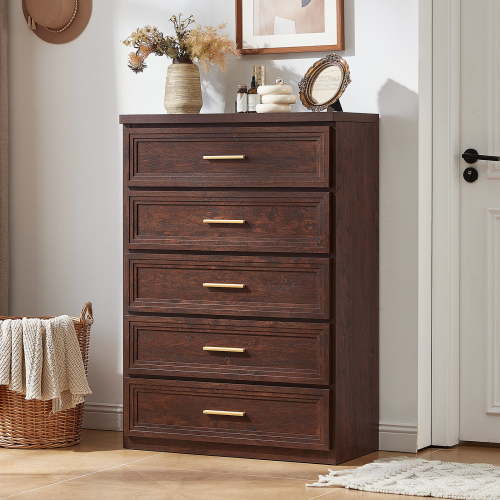 Joaxswe 5 Drawer Walnut Vertical Dresser, Wood Storage Cabinet with Easy Pull Out Handles for Living Room, Chest of Drawers for Bedroom