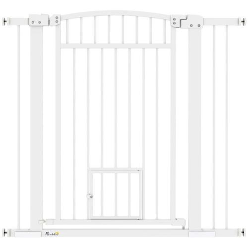 PawHut Dog Gate, 30"-41" Extra Wide Walk Through Pet Gate w/ Cat Door, 3-Inch & 5.5-Inch Extension Kits, Pressure Mounted