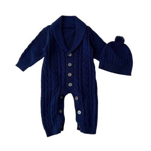 FAOWME Baby Boys Girls Knitted Outfits Long Sleeve Solid Color Buttons Down Warm Comfortable Sweater Romper Jumpsuit Hat Set For Autumn Winter Daily Wear,Dark Blue,9-12 Months