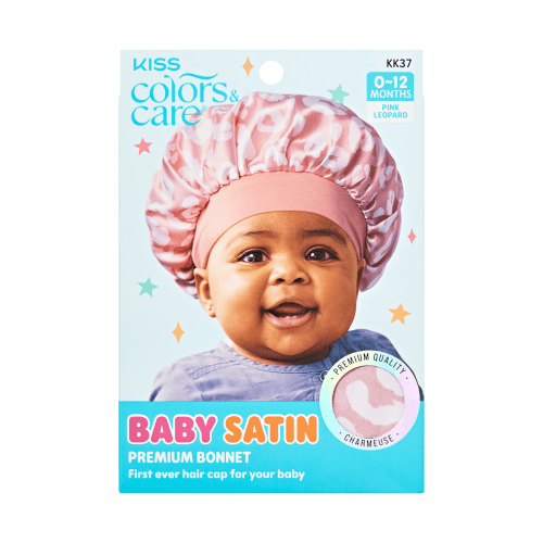 KISS Colors & Care Baby Satin Premium Bonnet, 0-12 Months - Pink Leopard