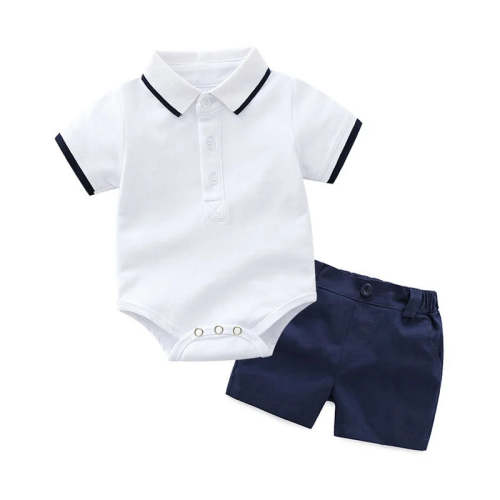 2 Piece Cotton Top + Shorts Set - white & navy