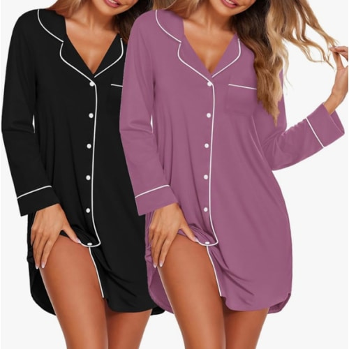 Ekouaer 2 Pack Nightgowns for Women Long Sleeve Night Shirt Button Down Sleep Shirt V-Neck Sleep Dress Pajama Sleepwear