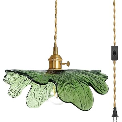 Plug in Pendant Light Green Glass Pendant Lighting 14.75ft Hanging Light with Plug in Cord 1-Light Hand Blown Brass Pendant Light Plug in Hanging Lamp for Kitchen Bedroom Living Dining Room