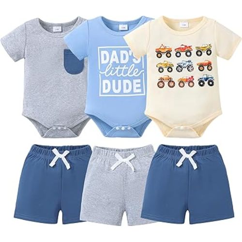 Jecson Newborn Boy Clothes Baby Boy Outfits Summer Set 6-Piece Cotton Short Sleeve Top and Shorts for 0-18M