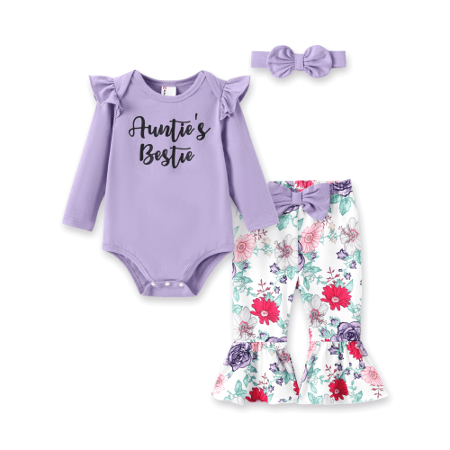 PatPat Baby Girl Outfit Sets Newborn Infant Baby Girls Clothes Long Sleeve Vintage Floral Romper Bell Bottom Pants Headband Outfit Set for Party Birthday Gift Purple 12-18 Months