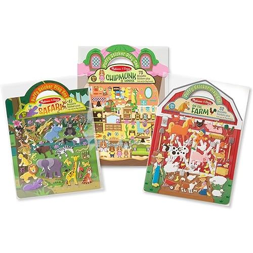 Melissa & Doug Puffy Sticker Activity Books Set - Farm, Safari, and Chipmunk - FSC Certified