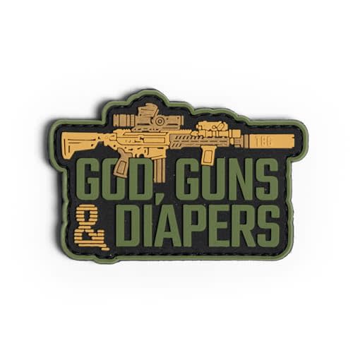 Tactical Baby Gear PVC Morale Patch - God, Guns & Diapers XM7 Coyote/Green | Durable PVC patch with hook-and-loop backing for diaper bags, backpacks, EDC kits and tactical gear.