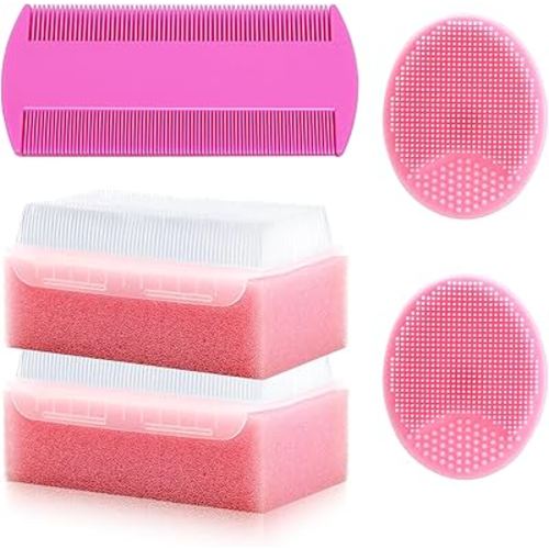 Cradle Cap Brush for Babies, 5Pcs Cradle Cap Treatment Set with Soft Bristle Brushes Silicone Scrubber Fine-Tooth Comb for Newborn Bathing Essentials Baby Brush and Comb Set (Pink)