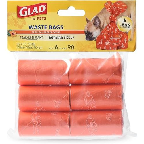 Glad for Pets Heavy Duty Dog Poop Bags, Leak Resistant Dog Waste Bags with Fun Print for Easy Cleanup on Walks, Strong Tear Resistant Pet Waste Bags, Tropical Breeze Scent, 6 Rolls, 90 Count
