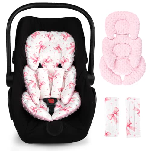 Infant Car Seat Insert for Newborn Girls Boys, Reversible Baby Carseat Head Support with Strap Pads, Soft Baby Car Seat Insert Cushion Pad for Stroller, Bouncer, Swing, High Chair, Pink Bow