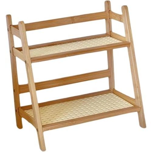 Desk Storage Organizer Bamboo Double Layer Rack,Flower Pot Stand,Desktop,2 Tier Home Decor for Kitchen Desk Bedroom Counter