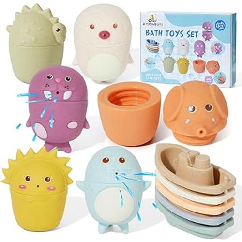 Mold Free Animal Bath Toys with Bath Boats for Toddlers/ Infants 6 - 12- 18 Months,11 PCS Eco-Friendly Non Toxic Bath Toy for Babies Water Table Toys Toddler Birthday Gift for Preschool Boys/Girls