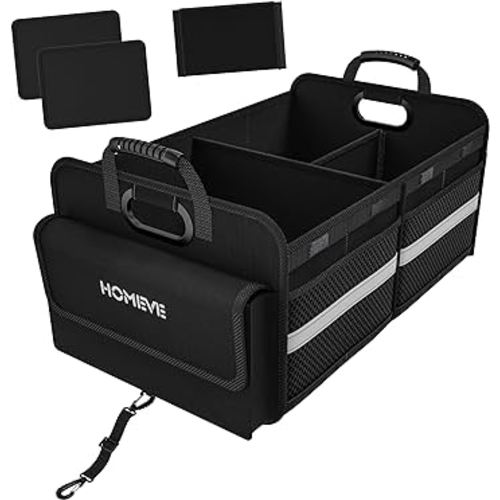 Homeve Trunk Organizer for Car, Collapsible Storage Box, Car Storage Organizer, 3 Compartment, Multi Pockets, Non Slip Strips, Adjustable Securing Straps, Black