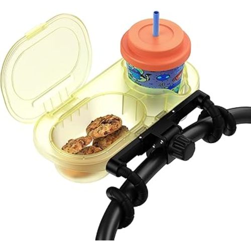 Universal Stroller Snack Tray: Cup Holder Tray with Silicone Flexible Arms Grip Stroller Tray with Dust Cover- Stroller Tray Attachment with Cups Holder for Baby & Toddler Stroller Accessories, Yellow