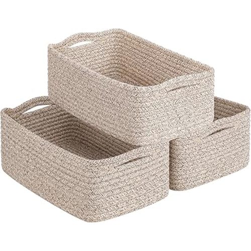 Goodpick Baskets for Organizing, Storage Baskets for Shelves, Toy Storage, Home Decor, Woven Bakset 3 Pack for Living Room, 11 x 7 x 4.5 in, White & Brown