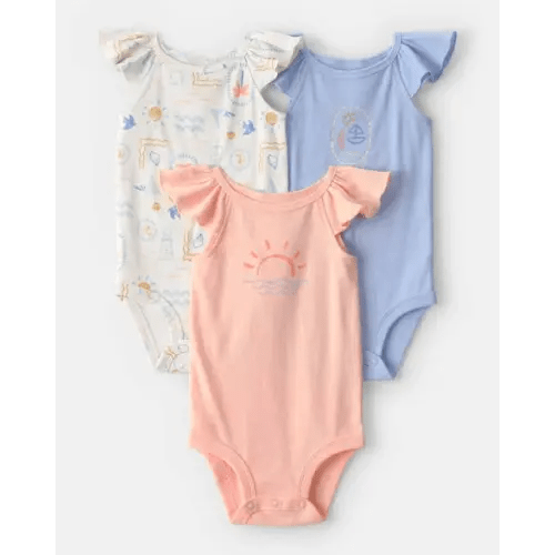 Baby Girl 3-Pack Beach Flutter-Sleeve Multipack Bodysuits - Orange/Blue/Ivory | Carter's