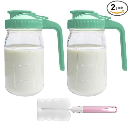 2 PACK Breast Milk Pitcher 32OZ Glass Breastmilk Pitcher with Lids(Green)
