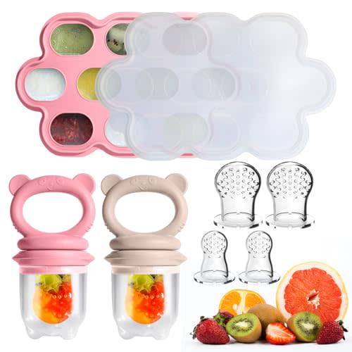 Baby Food Feeder Set, 2 Packs Fruit Feeder & Breastmilk Popsicle Molds Freezer Tray with Lid, Silicone Fruit Feeder to Teething Relief, Introduce New Foods, Baby Feeding Essentials(Red+Beige)