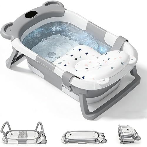 Baby Bathtub, Foldable Newborn Bathtub for Infant to Toddler 0-24 Months with Soft Cushion, Portable Travel Bathtub with Drain Hole, Durable Foldable Baby Tubs for Infants to Toddler