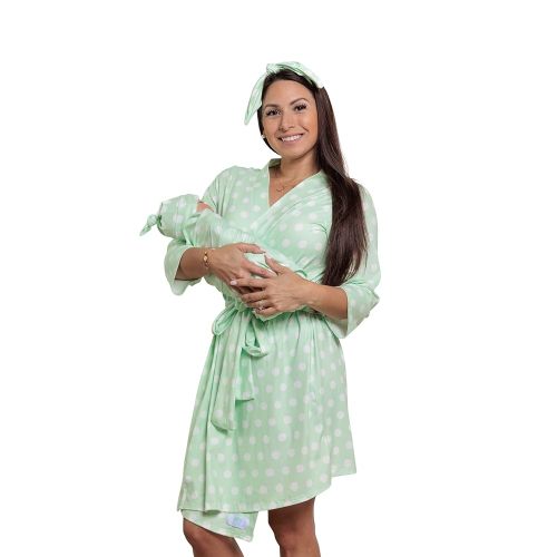 MOMMY O CLOCK Mommy Robe for Maternity and Baby Swaddle Blanket, Milk Silk Matching Delivery Robe and Swaddling Wrap for Mom and Baby (Mint Polka Dots, S/M (0-12)