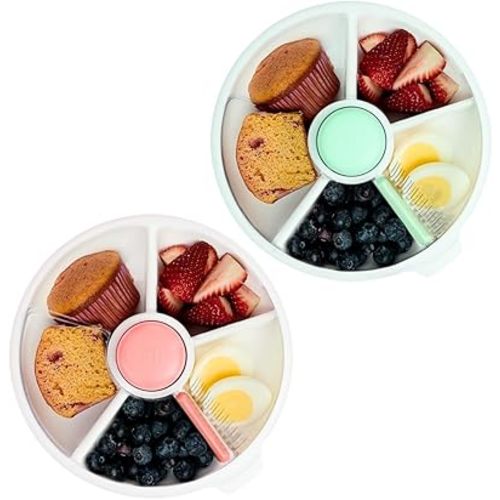 GoBe Kids Coral Pink and Mint Green Large Snack Spinner - Reusable Snack Container with 5 Compartment Dispenser and Lid | BPA and PVC Free | Dishwasher Safe | No Spill, Leakproof