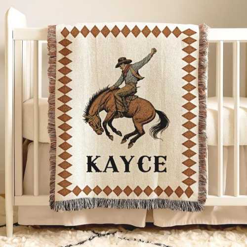 Western Baby Blanket with Name Woven Fringe Throw Cowboy Custom Bronco Blanket Boy Western Nursery Crib Blanket Birthday Gift Kids