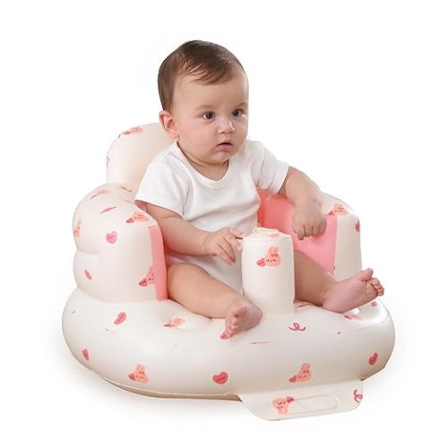 Inflatable Baby Seat for Babies 3-36 Months, Built in Air Pump Baby Chair Sit Me up Floor Seat for Baby, Bumbo Seat for Learning to Sit, Feeding, Camping (Pillar-Love Bunny)