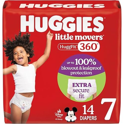 Huggies Size 7 Baby Diapers, Little Movers HuggFit 360° Baby Diapers with 360° Waistband, Size 7 (41+ lbs), 14 Count, Packaging May Vary