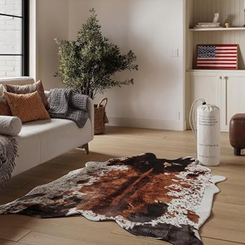 Faux Cowhide Rug 4'3"x5'7" - Brown Cow Print Rug, Washable, Non-Shedding