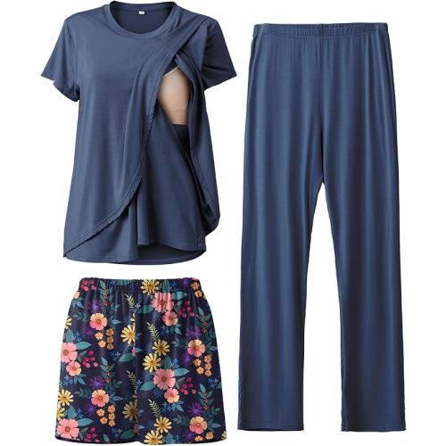 Rnxrbb 3 Piece Postpartum Nursing Pajamas Set Casual Soft Maternity Breastfeeding Pjs Sleepwear Loungewear Clothes Layer