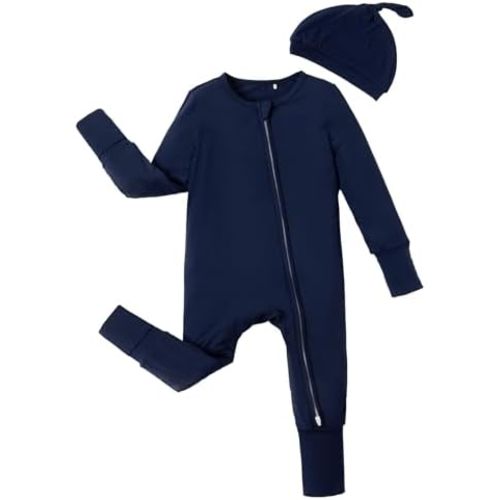 PATPAT Baby Girl Boy Footie Clothes, Bamboo Viscose, 2-Way Zipper, Fold-Over Mittens & Cuffs with Hat/Headband