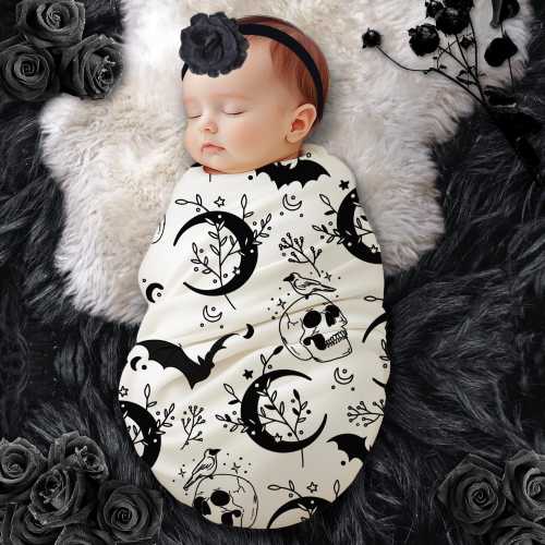 Bats and Skulls Goth Swaddle Blanket, Pastel Goth Baby Swaddle, Witchy Skull and Bat Blanket + Headband or Hat, Heavy Metal Baby