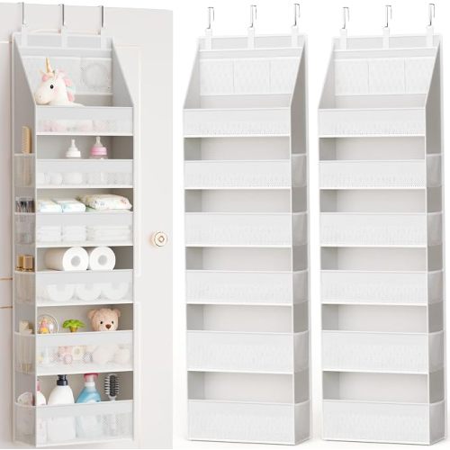 Over the Door Organizer, Heavy-Duty 6-Shelf Hanging Storage with 13 Mesh Pockets, 55lbs Capacity Behind the Door Storage for Nursery, Bathroom, Bedroom, and Dorm, White