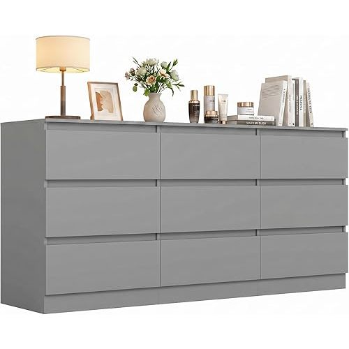 Grey 9 Drawer Dresser for Bedroom,Modern Long Dresser with Deep Drawers,Wide Storage Chest of Drawer,Wood Bedroom Storage Organizer Drawers forBedroom