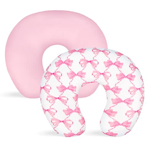 Nursing Pillow Cover 2 Pack, Stretchy Breastfeeding Pillow Covers, Removable Feeding Pillowcase for Newborn, Ultra Soft Nursing Pillow Slipcover for Baby Girls Boys, Pink Bow