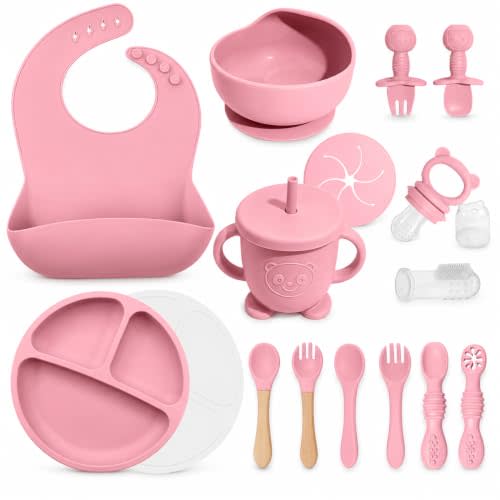 Silicone Baby Feeding Utensils Set for 6+ Months, 17 Pcs, Pink | Baby Led Weaning Supplies with Suction Plates & Bowls, Adjustable Bib, Spoon & Fork, Sippy Cup, Fruit Feeder, Finger Brush