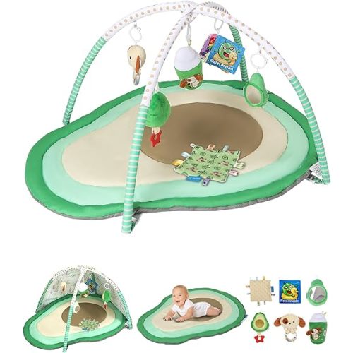 Tummy Time Mat, 9-in-1 Avocado Baby Play Gym Mat, Oversize Baby Play Activity Mats with Sunshade & 6 Detachable Sensory Toys, Washable Non-Slip Mat for Newborn Infant Baby Essentials Gift