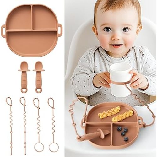 Baby Plates with Suction Silicone Baby Spoons Divided Baby Plates Silicone Baby Safety Toy Straps Baby Bottle Bungees Baby Feeding Set All-in-one-Brown