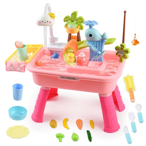 2026 Upgraded Toddler Sand Water Table Toy with Electric Water Pump, Kids Sand Water with Faucet/Play Food Accessories/Fishing Toy, Kitchen Play Sink Toys for Girl Boy Age 3+ (Pink)