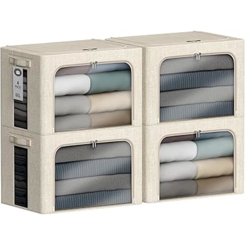 4 Pack Clothes Storage Bins with Metal Frame - 66L Stackable Storage Box with Lid，Foldable Storage Container Organizer for Clothes，Linen Fabric Storage Box with Clear Window＆Zippers＆Handles
