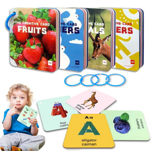 Adofi Preschool Languages Flash Cards, Baby Learning Cards, 4 Set - 50 Count - 100 Pages with Rings Early Learning Educational Toys for Newborn Baby, Flash Play Cards for Toddler 1 2 3 4 5