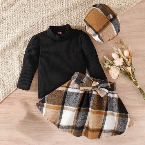 jsaierl Flannel Outfits for Baby Girls 3 Pcs Long Sleeve Sweater Tops and Plaid Skirt with Hat Infant Toddler Girls Cute Fall Outfits 9M-3T