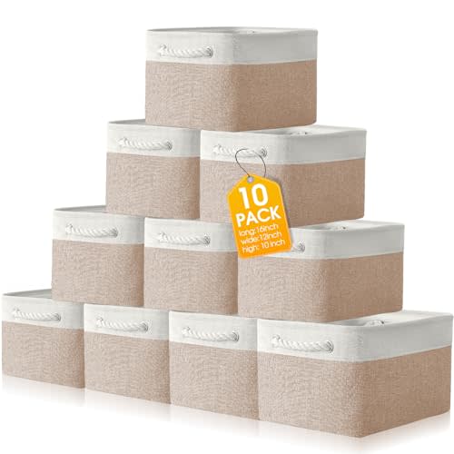 FoldTier 10 Pack Large Collapsible Fabric Storage Baskets with Handles Decorative Storage Bins for Organizing Shelves Toys Clothes(White & Beige,16 x 12 x 10 Inches)
