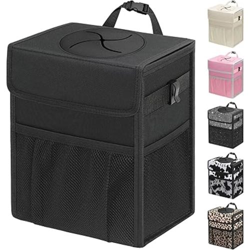 Capolo Car Trash Can with Lid, Leakproof Car Trash Bag Hanging Waterproof Automotive Garbage Can with Storage Pockets Mini Vehicle Trash Bin for Back/Front Seat(Black,2.5 Gallon)