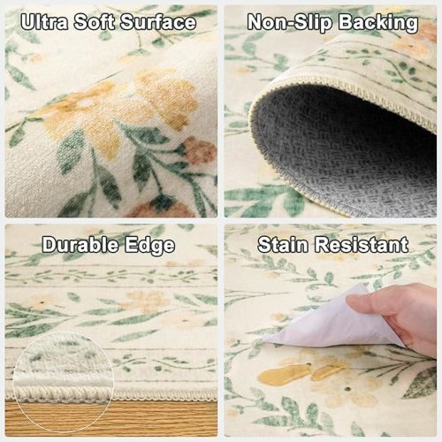 Entryway Rug 2X3 Small Rugs: Floral Washable Door Mat Vintage Soft Low Pile Non-Slip Kitchen Rugs Stain Resistant Indoor Throw Rug for Entrance, Bedroom, Kitchen, Laundry, Bathroom Beige/Multi