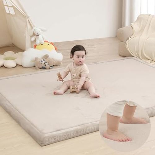 Huloo Sleep 2" Extra Thick Baby Play Mat for Floor,Ultra Soft Elasti Foam Mat for Tummy Time & Crawling,Playpen,Non Slip Nursery Rug for Toddlers,Infants,kids,Tatami Style for Yoga,Playroom(Beige)