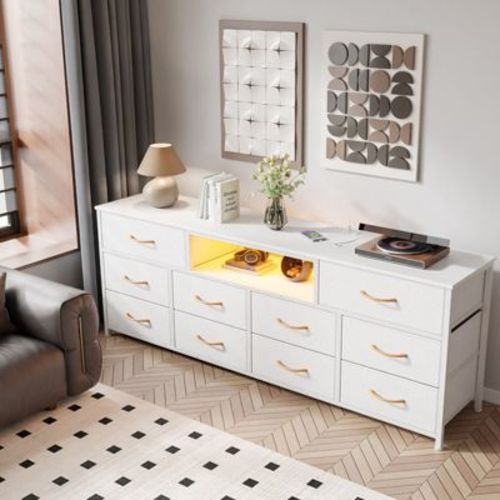 Large White 10 Drawer Dresser TV Stand For 75 Inch TV Media Console Fabric Storage Chest With Power Outlets LED Lights Bedroom Furniture Organizer