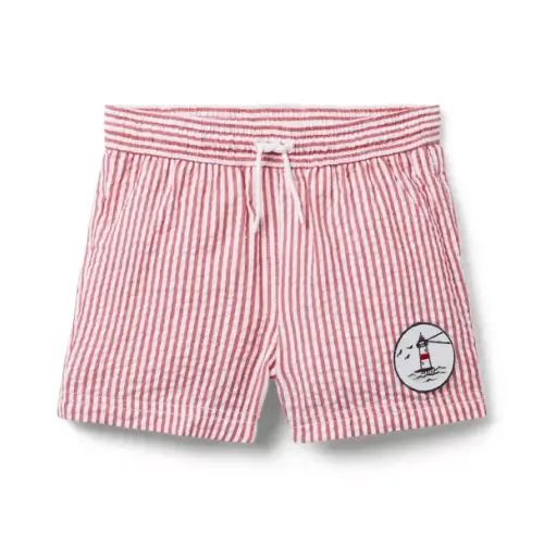 Boy Maraschino Red Stripe Recycled Striped Seersucker Swim Trunk by Janie and Jack